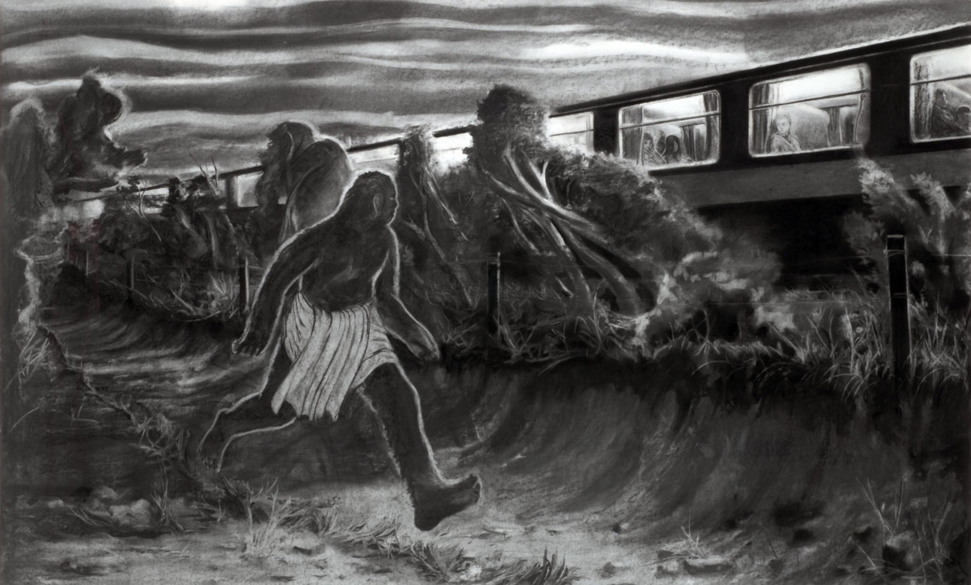Escort, 2008<br>125x200cm<br>charcoal on paper