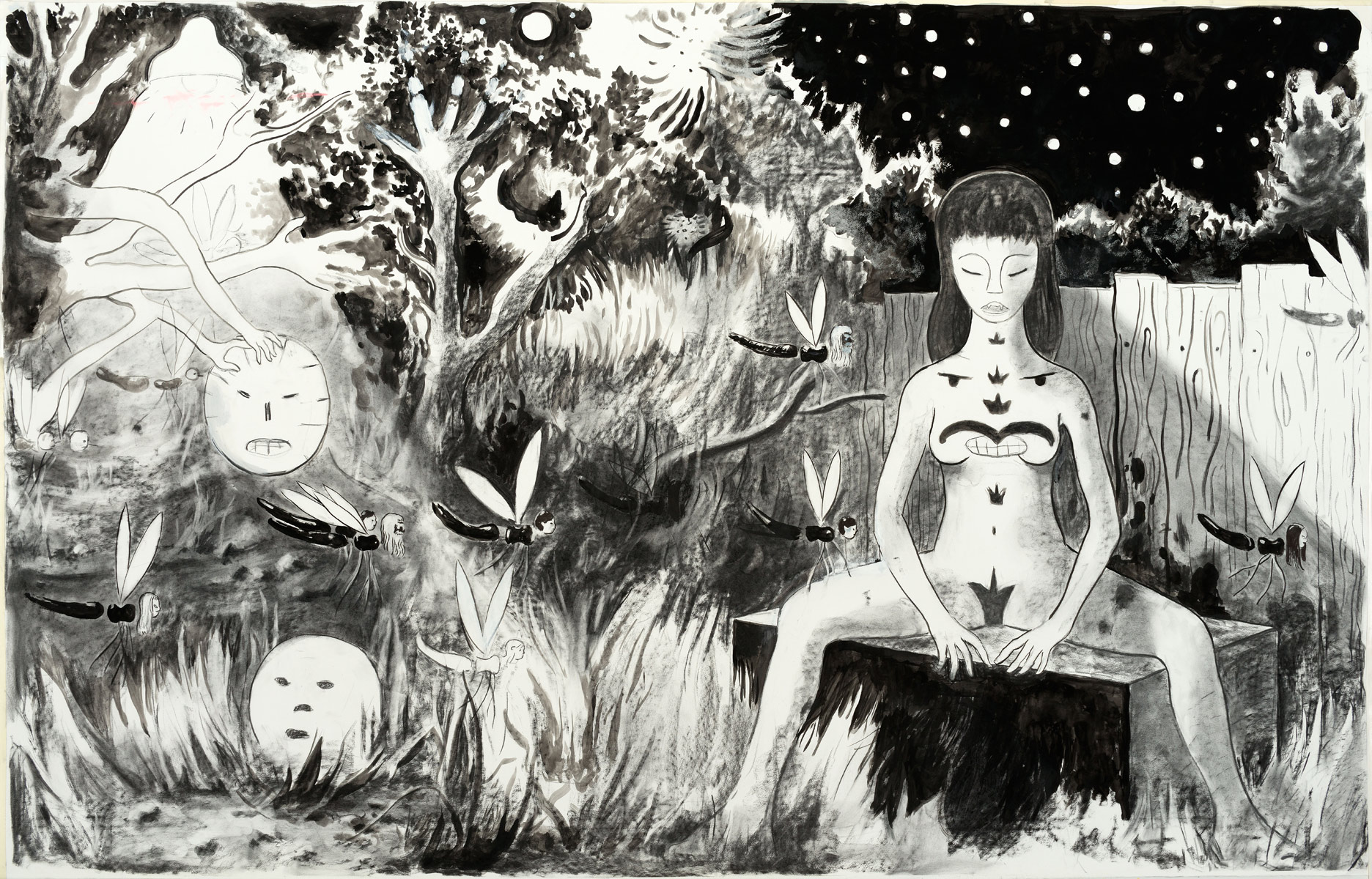Nachtschwärmer, 2015<br>140x220cm<br>Charcoal, ink, oil and pigment on paper