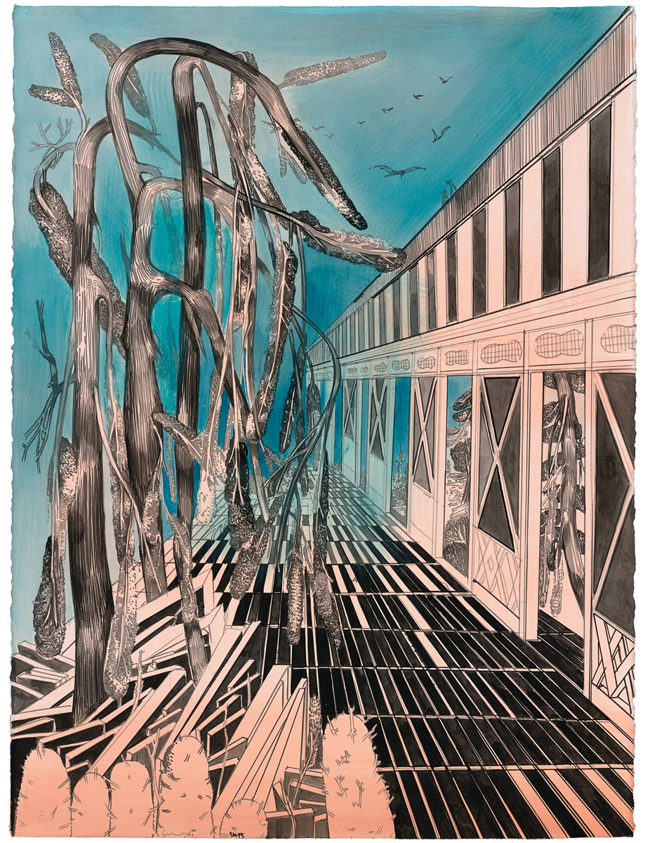 Gardenstreet, 2015<br>76,5x57,5cm<br>Ink and water color on Büttenpaper