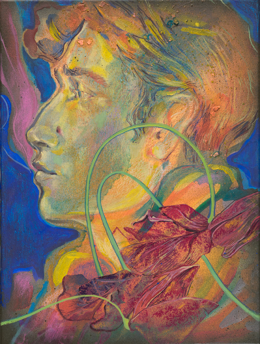 Portrait eines Jungen mit Blumen, 2022<br>Acryl und Lack auf Leinwand<br>40x30cm